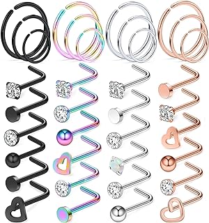 Yaalozei 18G 20G 22G Nose Rings Studs 316L Surgical Steel Hypoallergenic L Shape Screw Nose Rings Nose Hoop Diamond Heart Nostril Nose Piercing Jewelry for Women Men Silver Rose Gold Black Rainbow
