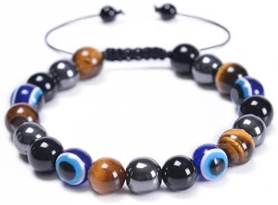 Evil Eye Cuff Bracelet with Bead Chain and Buckle Clasp, Black Obsidian and Tiger Eye Gems, for Men and Women, Triple Protection Design