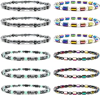 12 Pcs Magnetic Therapy Hematite Anklet Bracelet Energy Healing Anklet Set for Women Men Lymphatic Drainage Anti-Anxiety Magnetic Obsidian Beach Anklets Bracelet
