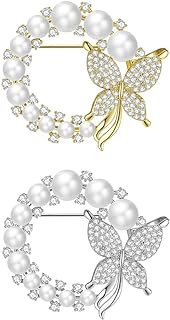 2 Pcs Butterfly Pearl Brooch Pin Wreath Brooch Safety Pin Wedding Bridal Brooches Women Crystal Rhinestones Brooch Collar Lapel Pin Badge for Dress Shirts Coat - Gold Silver