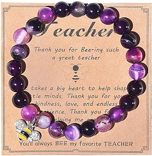 COLORFUL BLING Teacher Appreciation Gifts Natural Gem Teacher Bracelet for Apple Bee Natural Healing Stone Bracelet Teacher Gift Ladies Adjustable Beaded Bracelet Jewelry Message Card Meaning Card