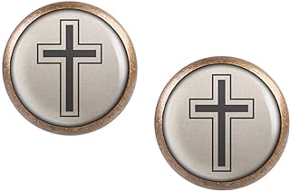 Stud Earring Pair with Cabochon Picture Cross Black Paper bronze different sizes