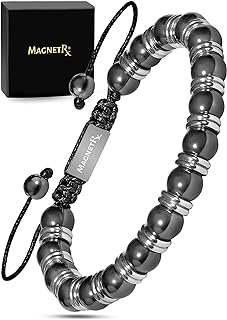 MagnetRX Silver Titan Hematite Bead Magnetic Bracelet - Adjustable Beaded Design for Men and Women with Robust Nylon Rope Chain