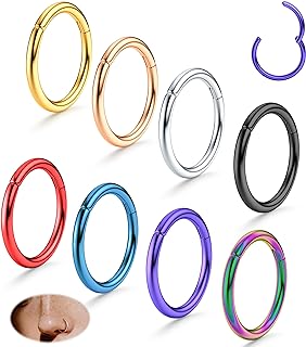 SAILIMUE 8 Pcs 16G 18G G23 Titanium Nose Rings Hoop for Women Men Multi-Color Hinged Cartilage Lip Septum Rings Helix Conch Tragus Piercing Jewelry 8MM 10MM