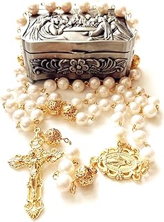 Authentic White Pearl and Rose Gold Bead Rosary Cross Necklace with Mary Center Medal for Men and Women - Faith Inspired Design in Last Supper Rosary Box