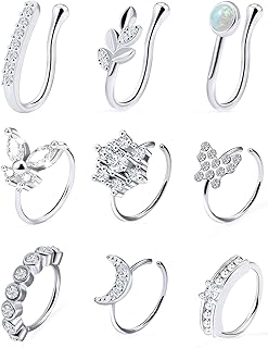 Vsnnsns Fake Nose Ring Hoop Stud Stainless Steel Faux Nose Piercing Jewelry Clip On Nose Ring Cuffs Lip Helix Cartilage rook Earrings Hoop Non Piercing Septum Nose Ring for Women Men 9pcs