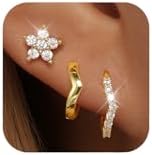 GEORGE · SMITH 3 Pairs Gold Hoop Earrings for Women, Flower Heart shaped small earrings, Cubic zirconia flower studs women's hoop earrings gold jewelry for women