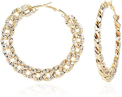 Gold Tone Iced Out Rhinestone Punk Large Circle Round Chunky Cuban Chain Hoop Earrings Geometric Big Loop Earrings Hip Hop Exaggerated Statement Jewelry