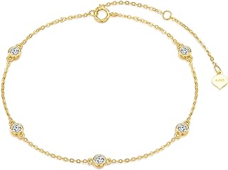 Fooui Dainty Charm Bracelet for Women and Girls - Genuine 14k Yellow Gold, Rolo Chain Design with Lobster Claw Clasp, Adorned with D Color VVSI Moissanite