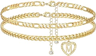 YANODA Initial Ankle Bracelets for Women 14K Gold Plated Layered Figaro Cuban Chain Letter Initial Anklets Handmade Letter A-Z Gold Anklets for Women Foot Jewelry Gifts
