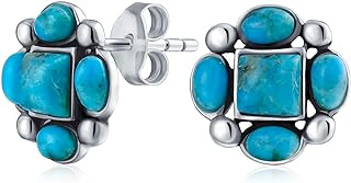 Boho Southwestern Native American Style Genuine Gemstone Turquoise Red Coral Concho Eagle Wings Stud Earrings Western Jewelry For Women Teens .925 Sterling Silver