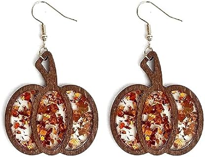 Handmade Halloween Pumpkin Dangle Earrings with Agate Gem, Piercing Clasp for Women and Girls, Fall-Themed Design