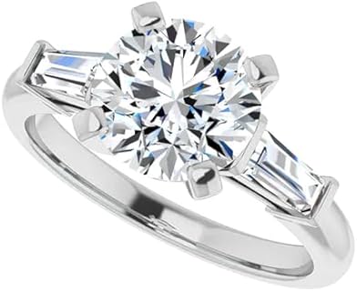 Moissanite 3 Stone Engagement Rings for Women D Color VVS1 Round & Baguette Cut Lab Created Diamond Rings 18K White Gold Plated Anniversary Wedding Promise Ring for Women