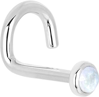 Handcrafted 14k White Gold Nose Stud with Natural Rainbow Moonstone, Left Nostril Screw in 18 Gauge - 1/4"" Length
