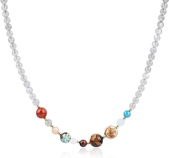 COAI Labradorite Stone Beaded Necklace with Lobster Clasp and Box Chain - Solar System Design in Stainless Steel