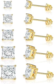 GEMSME 18K Gold Plated Princess Cut Clear Cubic Zirconia Stud Earrings Pack of 5 (gold)