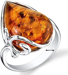 PEORA Genuine Baltic Amber Ring for Women 925 Sterling Silver, Large Teardrop Shape, Rich Cognac Color Sizes 5 to 9