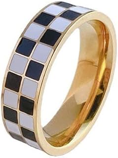 Checkerboard Bands Statement Finger Ring 14K Gold Black White Titanium steel Ring Size 5-10