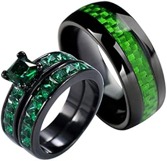 Titanium Clasp Minecraft Wedding Ring with Princess Cut Green Cubic Zirconia for Couples, Ringheart 2-Piece Set, Hypo-allergenic, and Nickel-free Design