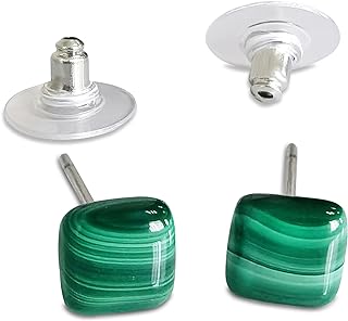 Malachite Earrings, Green Gemstone Stud Earrings for Women, Genuine Malachite Stud Earrings for July Birthstone Jewelry, Cute Small Stud Earrings for Men