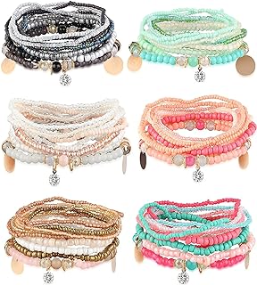 MILACOLATO 6Sets Boho Bead Bracelets Set Multilayered Stackable Bracelets Comfortable Stretch Bracelets Multicolor Bohemian Charm Bracelets for Women Girls