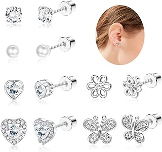 Florideco 6 Pairs Hypoallergenic Earrings S925 Sterling Silver Stud Earrings for Girls Heart CZ Pearl Butterfly Stud Earrings Set S925 Sterling Silver Screwback Earrings for Women