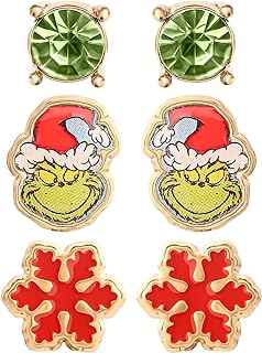 Dr. Seuss The Grinch Womens Earrings 3-Pack - Red and Green Stud Earrings with The Grinch Earrings - Christmas Jewelry, Officially Licensed