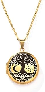 Life Of Tree with Moon and Star Locket Necklace，That Can Holds Pictures Inside Stainless Steel，Celtic Family Tree Pendant for Women