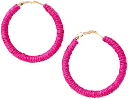 Handmade Rattan Earrings Big Circle Woven Straw Wicker Rattan Dangle Earrings Boho Round Statement Drop Earrings Bohemian Statement Summer Hoop Earrings