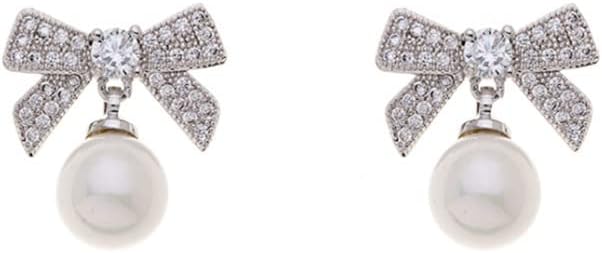 Platinum Plated Bow Tie Style Faux Pure White Pearl Statement Wedding Cocktail Party Dangle Drop Earrings Girls Woman