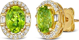 Oval Diamond and Green Peridot LE VIAN Stud Earrings with Push Back Mechanism for Women in Elegant Oval Halo Design in 14k Yellow Gold