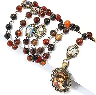 Nazareth Store Vintage Design Rosary Agate Stone Beads 8mm Five Decades Rosary Necklace Miraculous Medal & Holy Mary Baby Jesus Medallion 22”