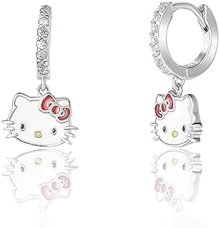 Sanrio Hello Kitty Womens Hoop Earrings Official License - Sterling Silver and CZ Hoop Earrings with Enamel Hello Kitty Charm