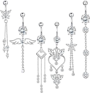 JOERICA 6 Pcs 14G Belly Button Rings Dangle for Women Stainless Steel CZ Navel Rings Set Cute Butterfly Belly Rings Body Piercing Jewelry