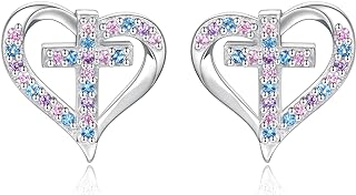 925 Sterling Silver Cross Stud Earrings with Colorful Cubic Zirconia for Women and Girls - Heart-Shaped Design, Perfect for First Communion and Special Milestone Gifts
