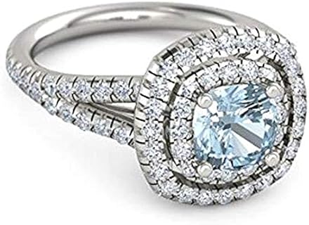 Cushion Cut Created Aquamarine Halo Engagement Wedding Ring For Women's 14K White Gold Plated 925 Sterling Silver