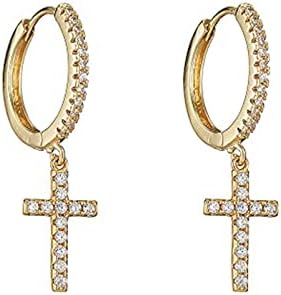 Gold Plated Hinged Hoop Diamond Cross Dangle Earrings for Women, Yellow Gold Alloy Charming Design