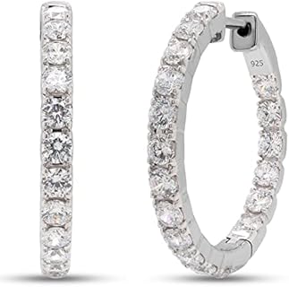 White Gold Diamond-Cut Moissanite Hoop Earrings with Hidden-Snap-Posts for Women, Round Design by SAVEARTH DIAMONDS - 3 Carat, G-H Color, VVS1 Clarity