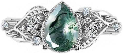 1CT Natural Moss Agate Ring 925 Sterling Silver Teardrop Green Engagement Rings for Women Twisted Leaf Promise Ring Wedding Jewelry Gift for Her