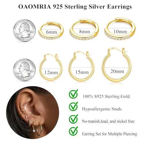 925 Sterling Silver Hoop Earrings,Small Gold Studs for Women Mini Cartilage Hoop Set Gold Huggie Earrings Hypoallergenic Studs Earrings for Girls Gold Earring Set for Multiple Piercing