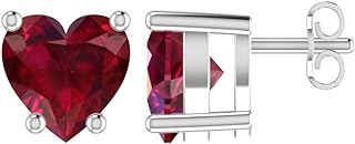 Rhodium-Plated Silver Red Heart Stud Earrings with Secure Push Backs and Opaque Ruby Gemstones, Ideal Gift for Her