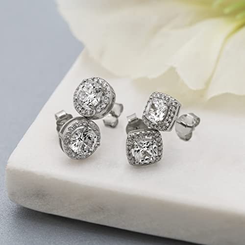 Lesa Michele 925 Sterling Silver Cushion & Round Shaped Cubic Zirconia Halo Stud Earrings for Women 2 Pair Earring Set