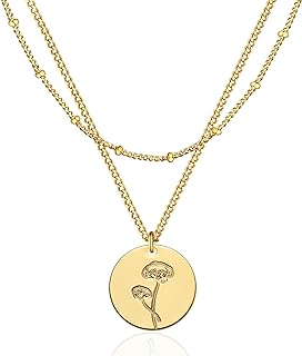 WEARON Birth Flower Necklace 18K Gold Plated Dainty Birth Month Flower Layered Pendant Necklace Bead Choker Necklace for Women