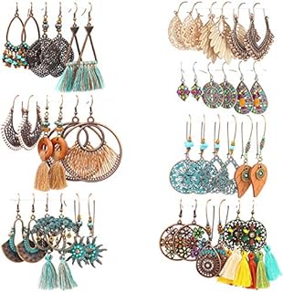21 Pairs Fashion Boho Drop Dangle Earrings for Women Girls Colorful Tassel Vintage Statement Lightweight Bohemian National Style Teardrop Hollow Leaf Wooden Beaded Hoop Hippie Jewelry Earrings Set