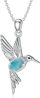 Lucky Hummingbird Sterling Silver Necklace with Genuine Turquoise Gem Pendant and Cable Chain - Elegant Animal Jewelry Gift for Women