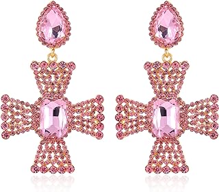 Statement Clip on Earrings Rhinestone Crystal Big White Cross Clip on Earrings for Women Teen Girls Hypoallergenic Gold Clip Drop Dangle Earrings for Wedding Bride Formal Party Mother's Day Gifts