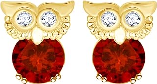 Round Cut Simulated Birthstone & White Cubic Zirconia Owl Stud Earrings With Push Back In 14k Gold Over Sterling Silver Jewelry For Women
