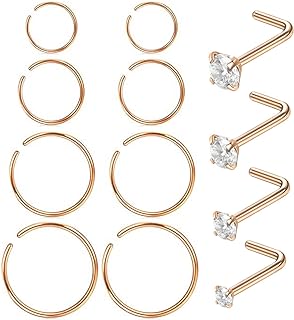 Nose Rings 12Pcs 20G 316L Stainless Steel L Shaped Nose Studs Cartilage Tragus Septum Piercing 6-12MM