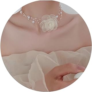 FUTIMELY Rose Flower Pearl Choker Necklace for Women Teen Girls,Vintage Layered White Fabric Foral Rosette Necklace Artificial Gentle Bride Wedding Jewelry