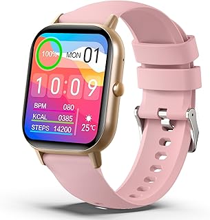 Raineedの2.01インチ大画面スマートウォッチ、通話機能と活動量計搭載、防水性IP67。iPhone・Android対応でプレゼントにも最適な薄い赤。